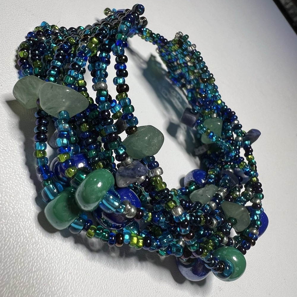 Vintage Multi-Strand Bracelet Mix of Turquoise, Blue & Green Glass Seed Beads